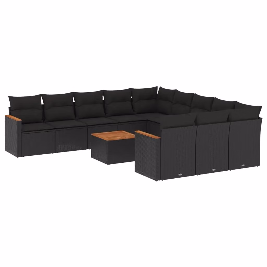 Set di divani da giardino vidaXL a forma di U composto da 12 pezzi con cuscini, colore nero, in polyrattan e legno di acacia con tavolino da caffè – 2