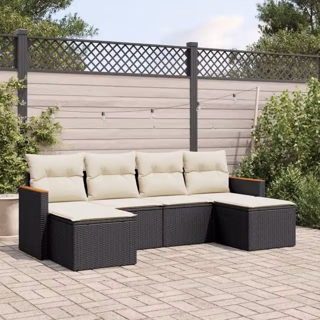 Set Divano da Giardino L Shape Design Mania in Polyrattan Nero con Cuscini e Ottoman 6 pz