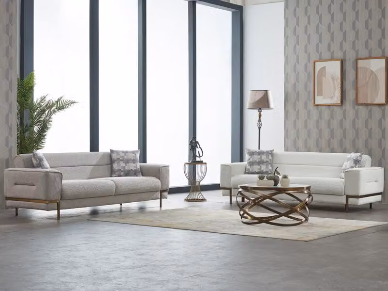 Sofagarnitur Dreisitzer Sofa Stoffsofa Polstersofa Weiß Set 2tlg Couch
