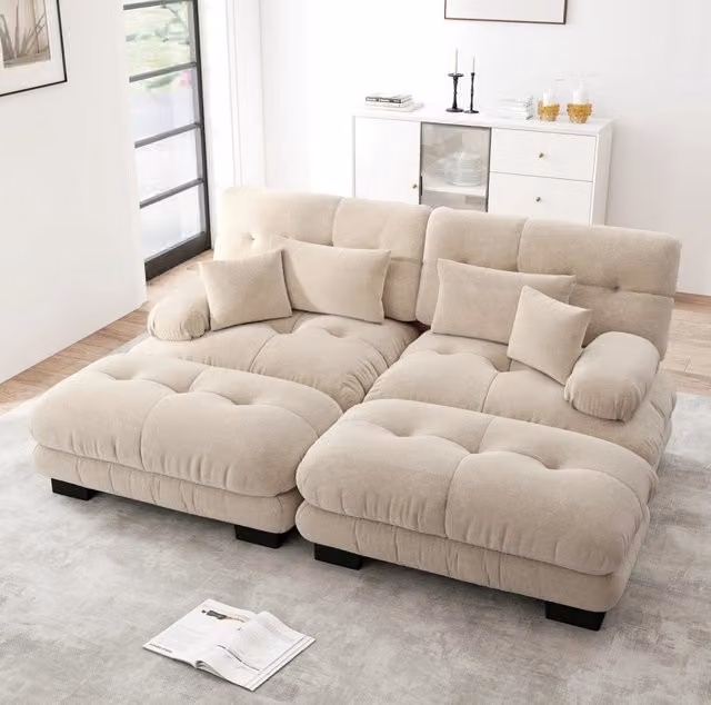 Divano angolare modulare 220x145x81 cm in chenille marrone chiaro, con 2 pouf –