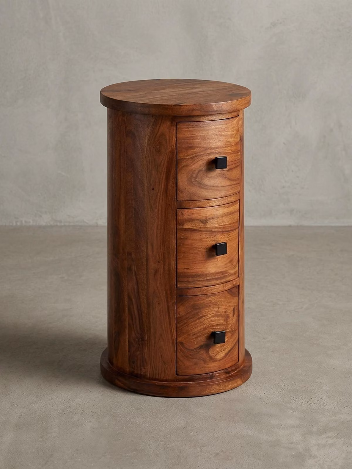 Comò rustico in legno massello di sheesham con 3 cassetti, elegante e resistente. 35x35x65 cm | Kadima Design