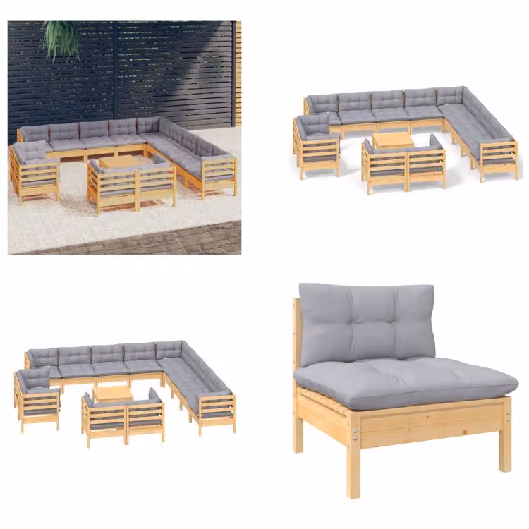 vidaXL set salotto da giardino 14 pezzi con cuscini grigi in pino massiccio - Set salotto da giardino - Set salotto da giardino - Set mobili da giardino - Set mobili da giardino