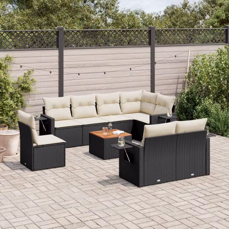 vidaXL Set Divani da Giardino a L 9 pz in Polyrattan Nero con Cuscini e Tavolino da Esterno
