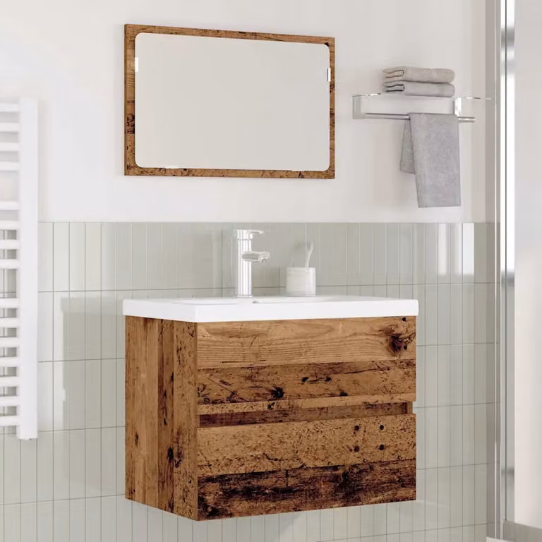 Set di mobili per il bagno vidaXL in legno marrone con vanità e armadietto a specchio, L/P/H: 60 x 38,5 x 45 cm