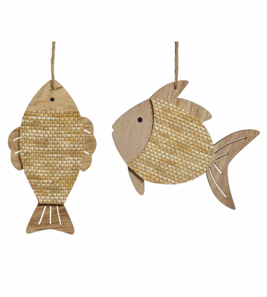 Decoro pesce in legno e iuta
