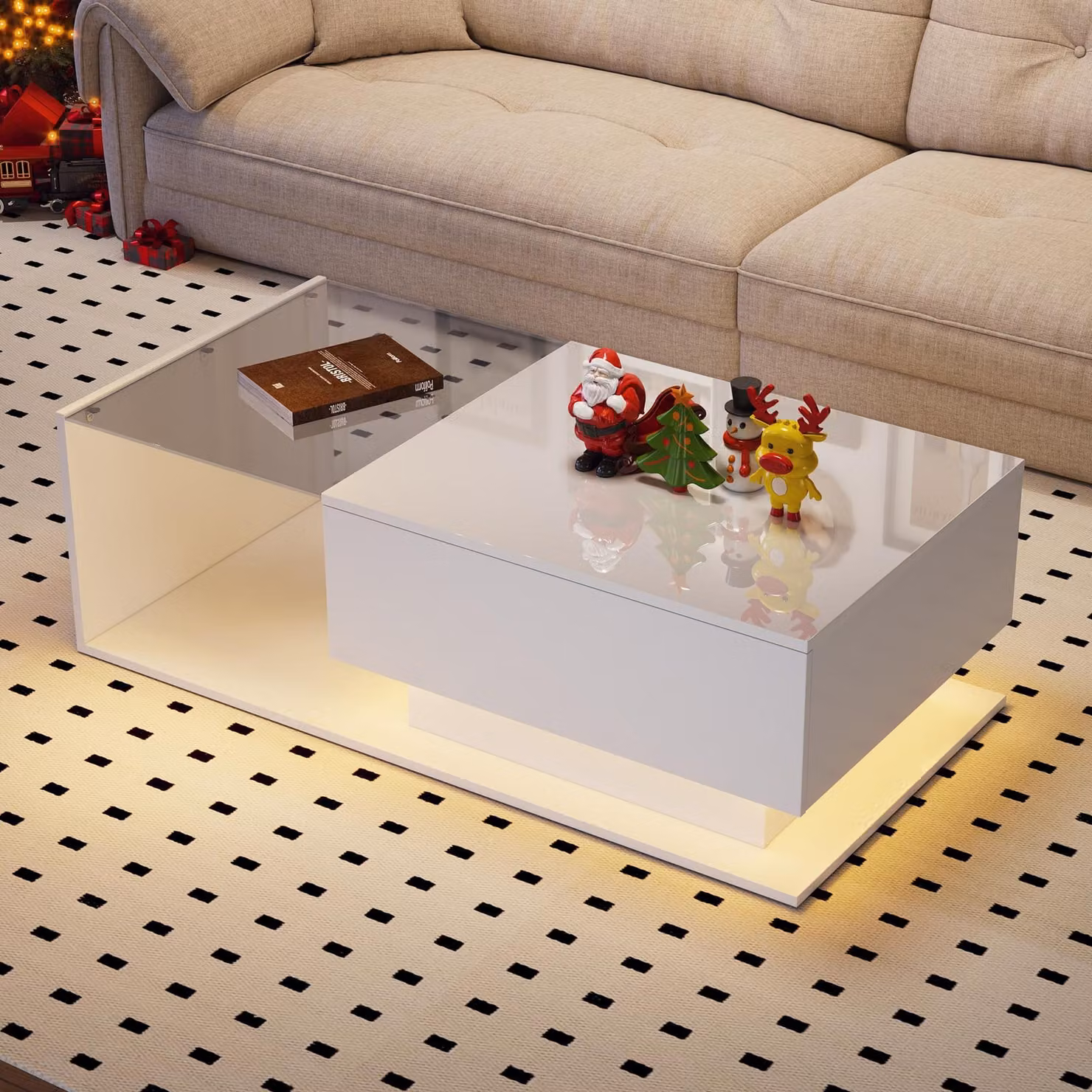 Tavolino da divano STILVORA con piano in vetro e illuminazione LED, tavolino per soggiorno con 1 cassetto, superficie resistente ai graffi, bianco lucido