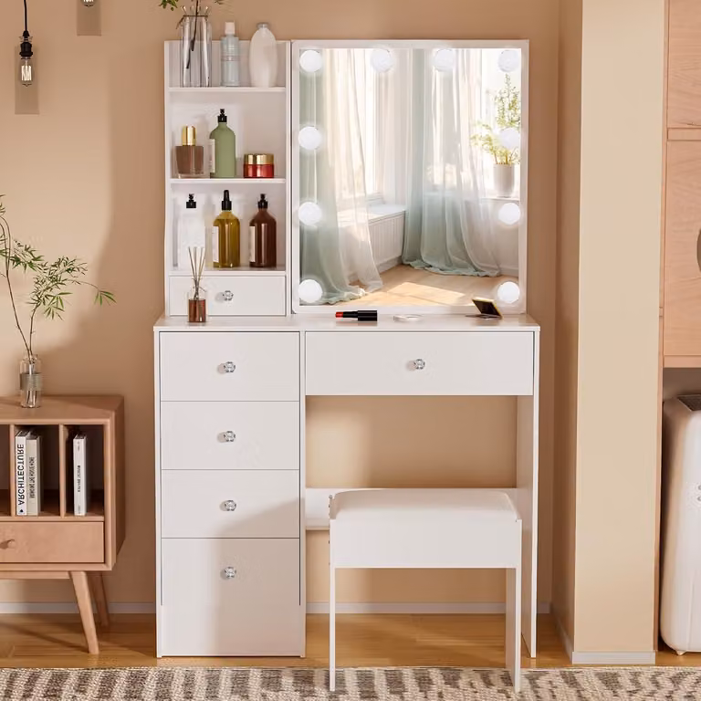 Tavolino da toilette con illuminazione, specchio, sgabello, 6 cassetti, 6 ripiani