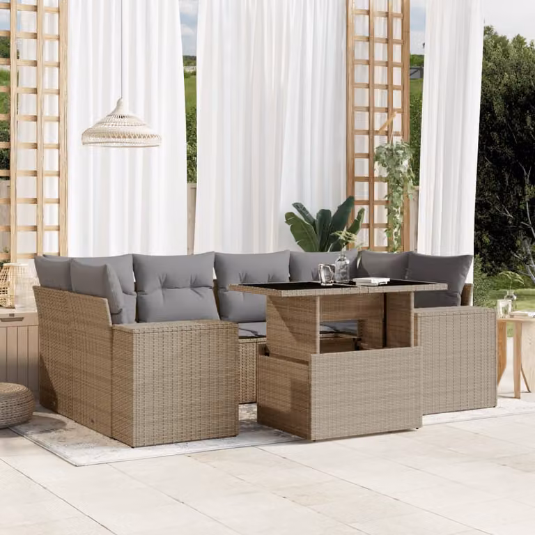 Set di divani da giardino vidaXL in rattan e metallo con cuscini beige per 7 persone