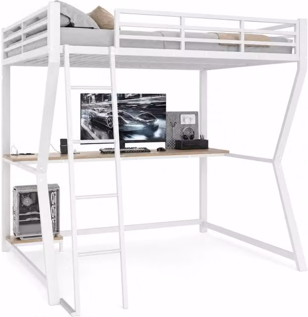 Letto a soppalco REDOM in metallo e MDF bianco con scrivania, presa USB, illuminazione sottostante e scale, L/P/H: 204.5 x 140 x 177.5 cm