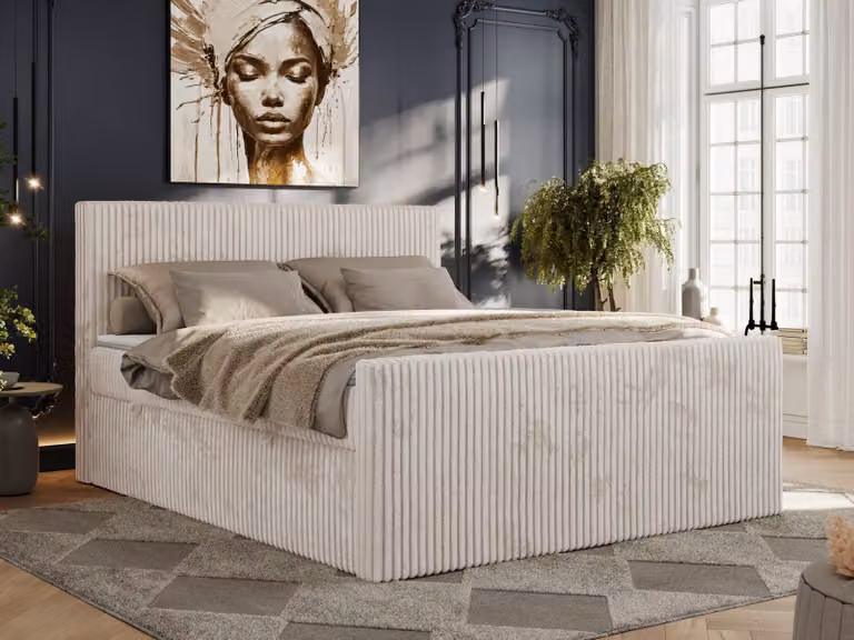 Letto continentale con contenitore per la biancheria da letto TILIANO DUO 140x200, rigidità media H3 - Topper T25, beige - tessuto in velluto a coste