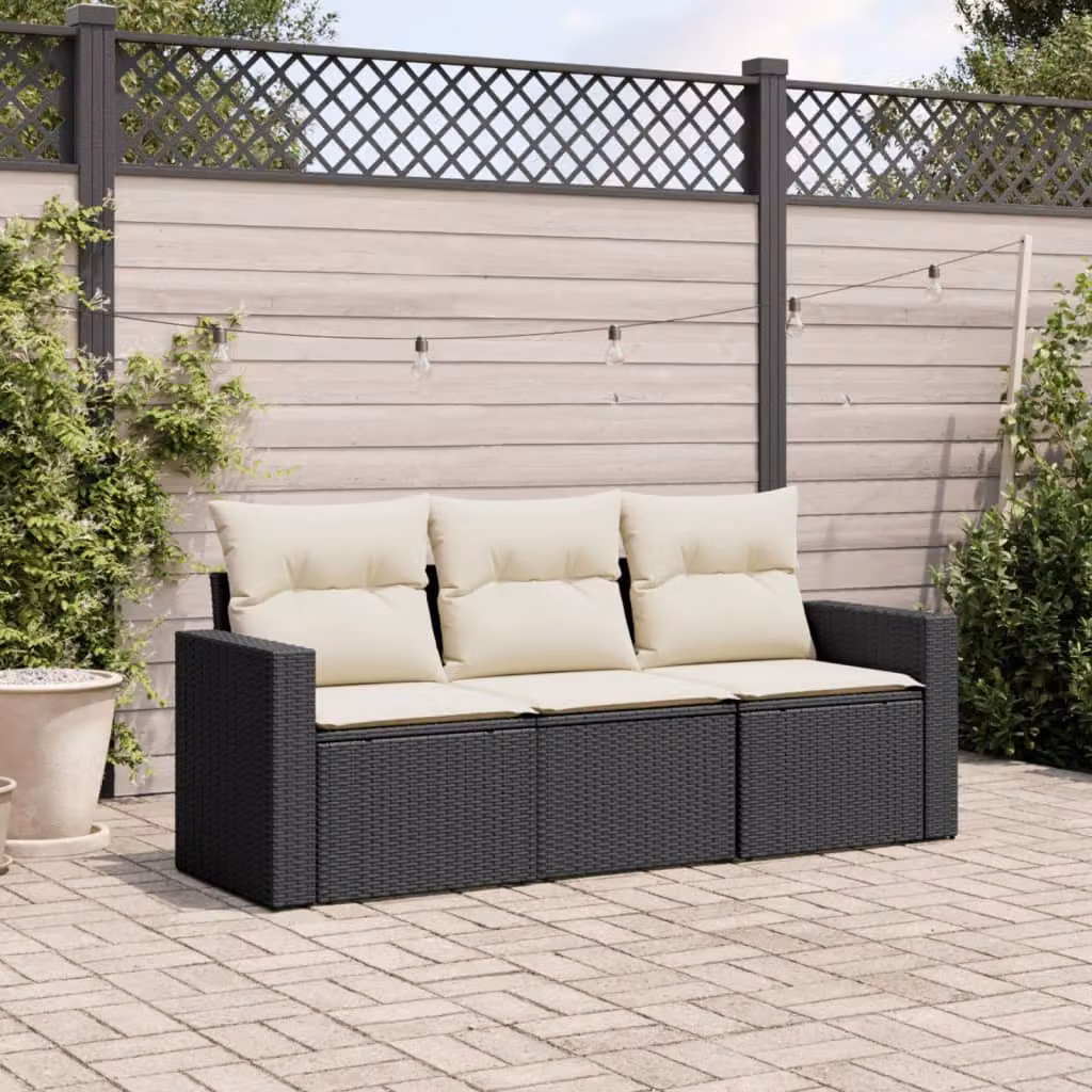 vidaXL Set Divani da Giardino 3 pz con Cuscini in Polyrattan e Struttura in Acciaio Nero – 1
