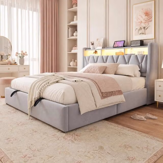 Letto imbottito 180x200 cm con contenitore idraulico; testiera LED con prese USB e Type-C; velluto grigio chiaro