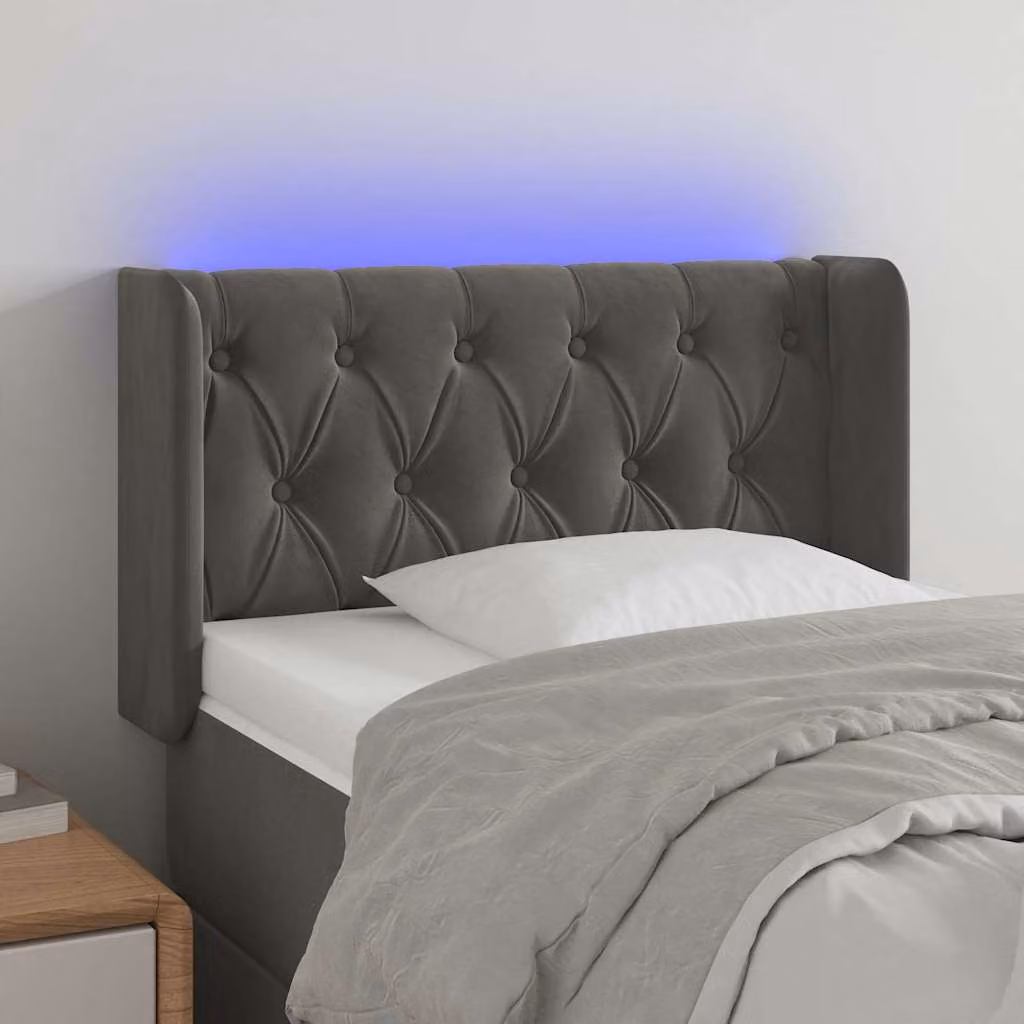 Testiera per letto vidaXL in velluto grigio scuro con illuminazione LED e porte USB, L 83 cm, P 16 cm, H 78-88 cm