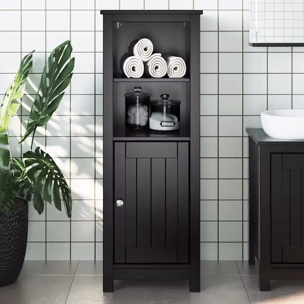 Armadio da bagno BERG nero in legno massello di pino con ante a battente e mensole interne, sospeso, L 40 cm x P 34 cm x H 110 cm – 2