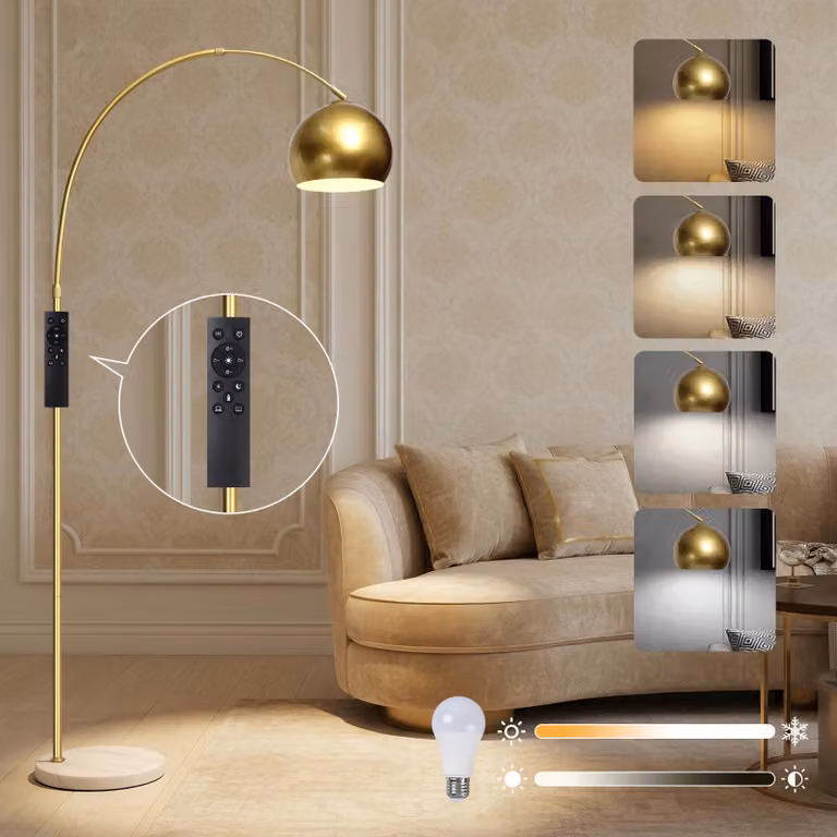 Lampada da terra curva Moderna Golden Lampada da terra regolabile Paralume in metallo e base in marmo Lampada ad arco dimmerabile con telecomando