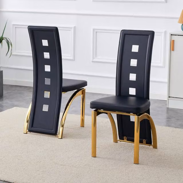 [Set di 2] Sedie da pranzo di design europeo con motivo traforato, in similpelle nera e gambe in metallo color oro, altezza 102,5 cm, adatte a sale da