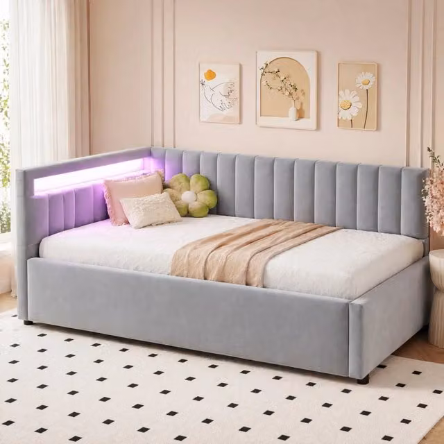 Letto da giorno imbottito ULEVR 90x200 cm con LED RGB, contenitore idraulico e rete a doghe, grigio