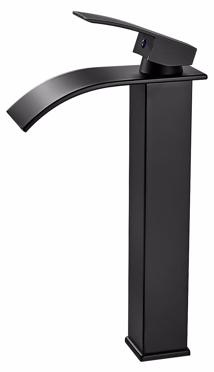 Rubinetto per lavabo, modello cascata, finitura nero opaco, adatto per lavabi da appoggio, con bocchetta di 232 mm e attacchi G3/8 di pollice