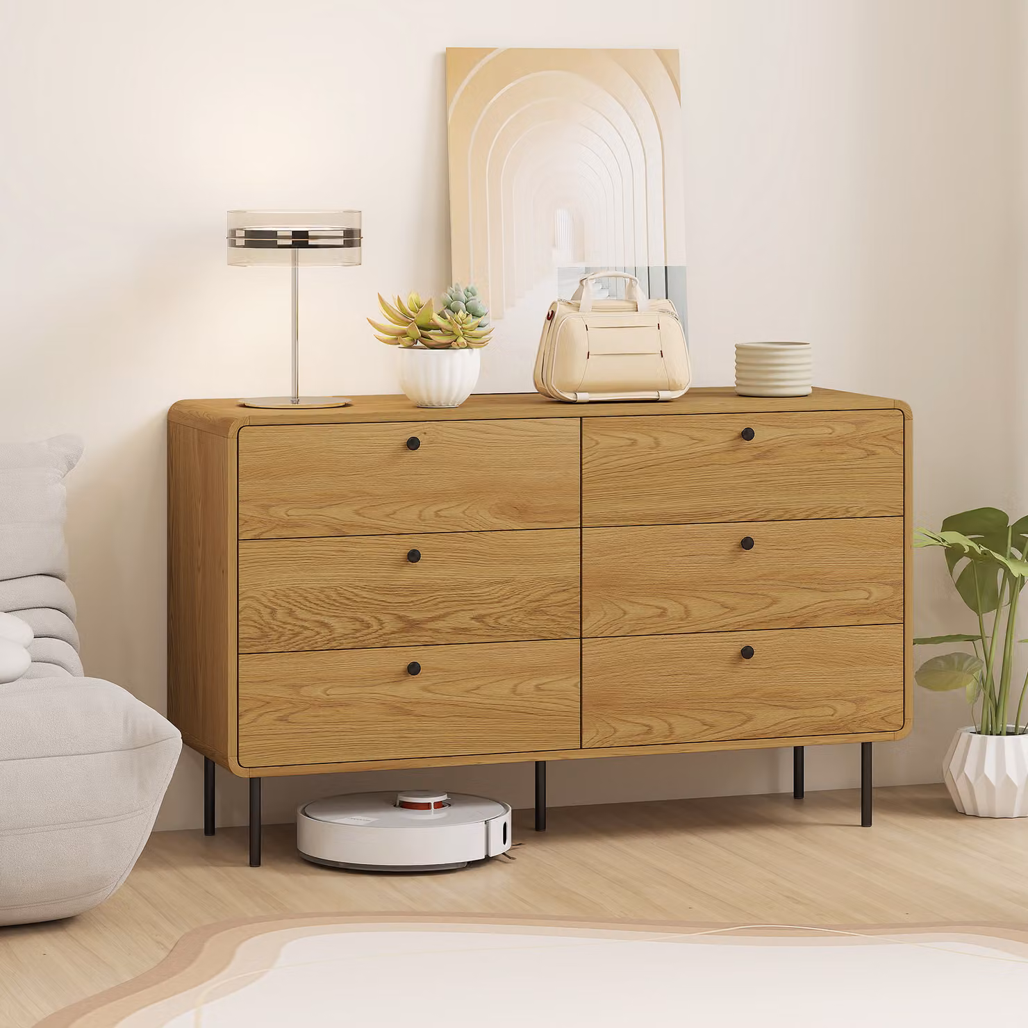 Cassettiera HOMCOM con 6 Cassetti in Stile Moderno con Angoli Arrotondati e Gambe in Acciaio, Effetto Legno di Rovere, L 120 x P 40 x H 75 cm – 2