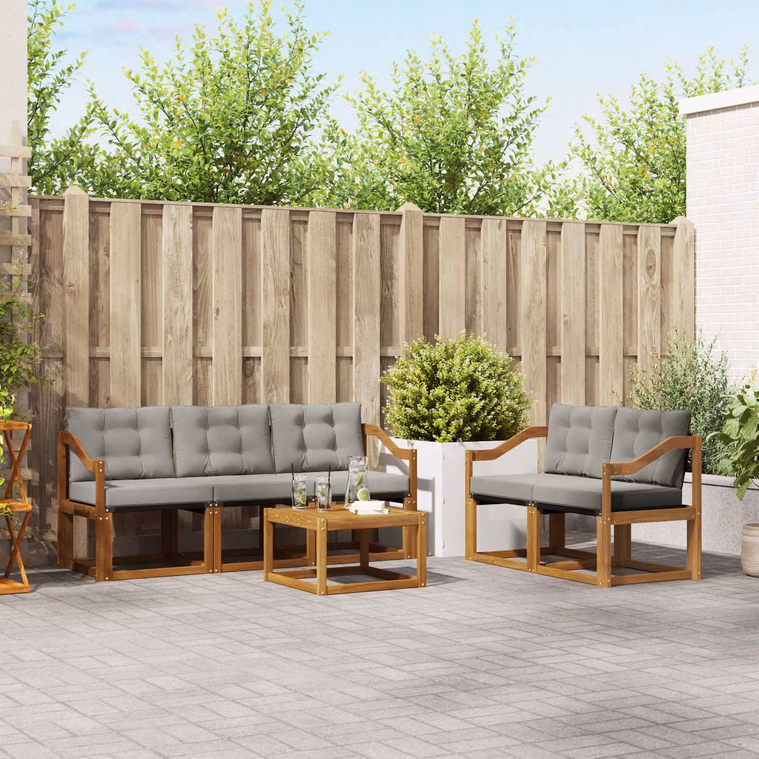 Set di mobili da giardino vidaXL composto da 6 pezzi con divani a L, tavolino da caffè e cuscini in tessuto grigio e legno di acacia marrone
