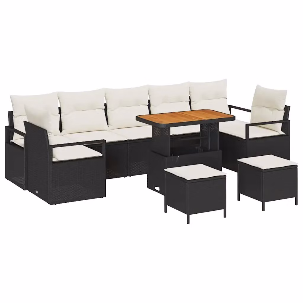 Set Divano da Giardino vidaXL a Forma a U in Polyrattan Nero con Cuscini e Tavolino da Esterno – 2