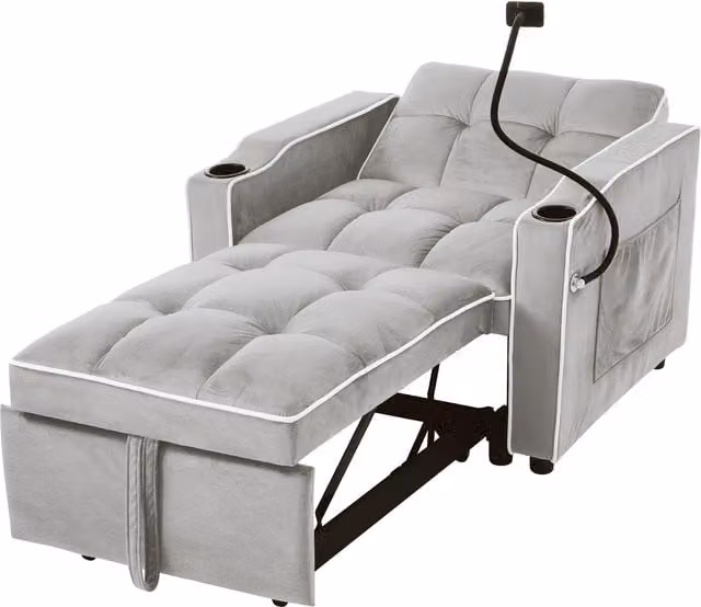 Divano letto estraibile 3-in-1 ZR Home in velluto con portabicchieri e porta smartphone, struttura in metallo, L/P/H: 167 x 83 x 76 cm, Grigio e bianco – 1