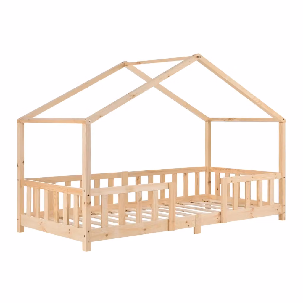 Letto per cameretta Treviolo en.casa a forma di casetta in stile Montessori in legno di pino naturale, L/P/H: 200 x 90 x 138 cm – 2