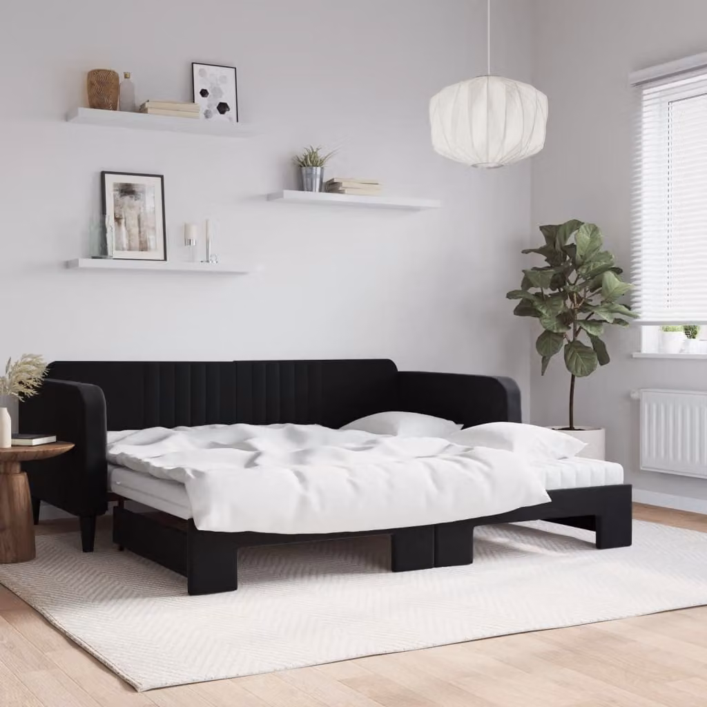 vidaXL Divano Letto Estraibile in Velluto Nero con Materassi