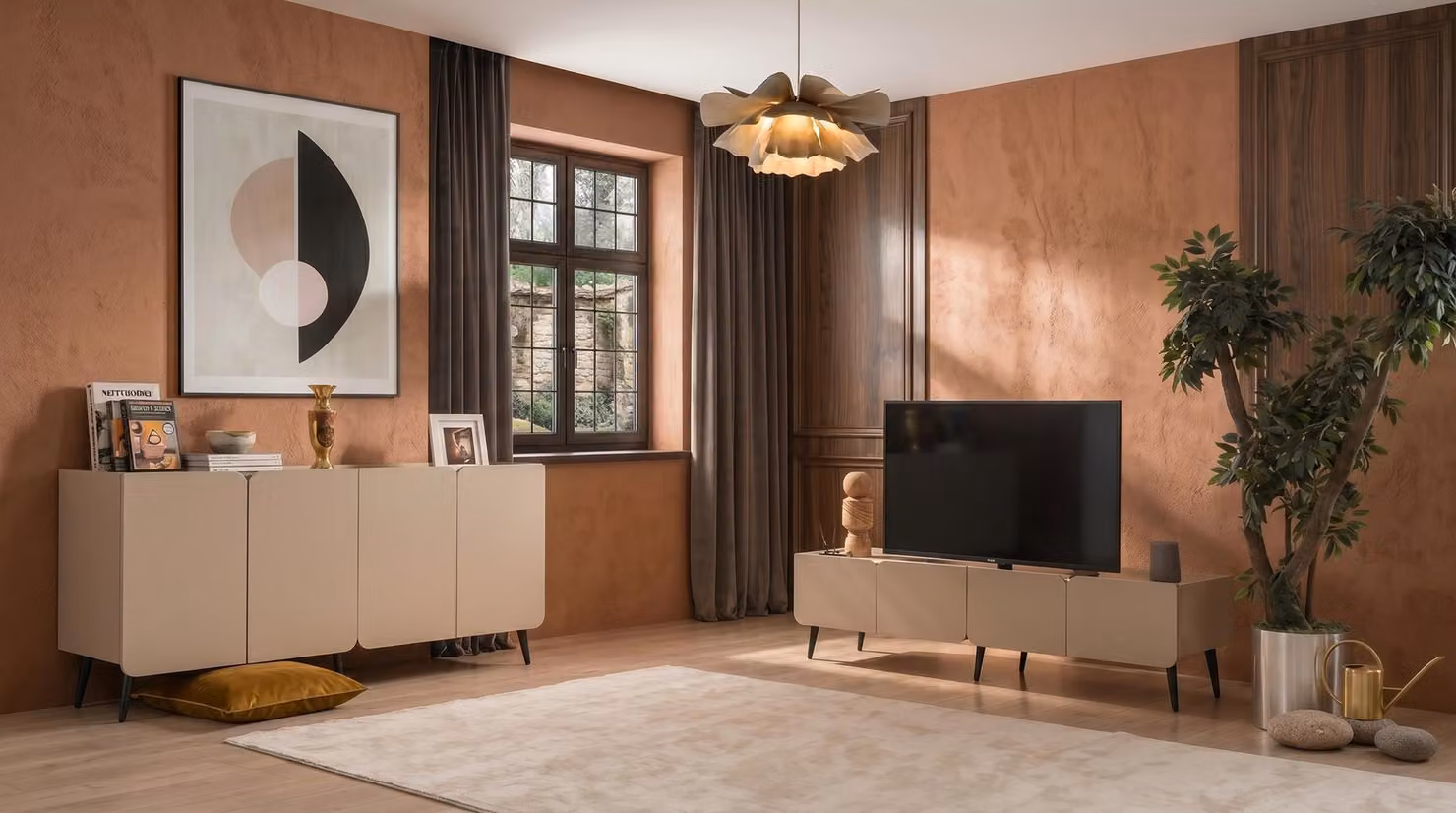 Set di mobili da soggiorno color beige, composto da: mobile TV, consolle in legno, mobili per la TV, design moderno, angolo TV