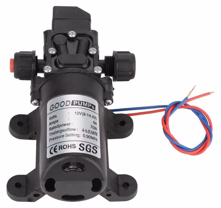 Pompa a membrana autoadescante a 12V, portata 6 l/min, pressione 0,9 MPa, potenza 70 W