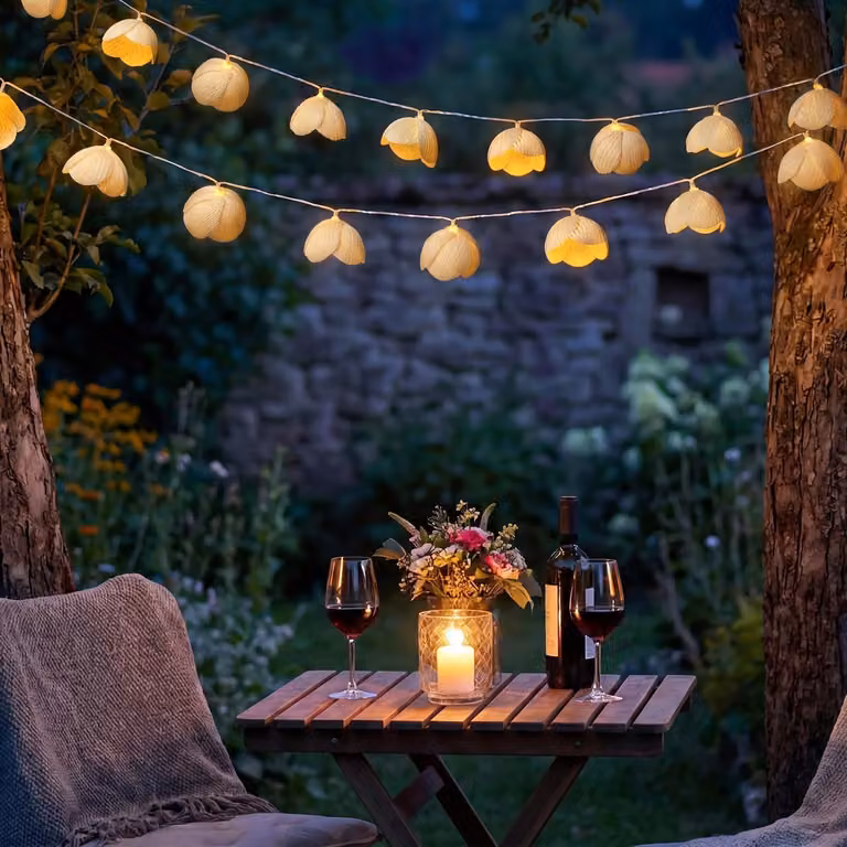 Ghirlanda luminosa a LED a forma di fiori - 15 fiori bianchi - Alimentazione a batteria/timer - Lunghezza: 1,4 m - Per interni/esterni