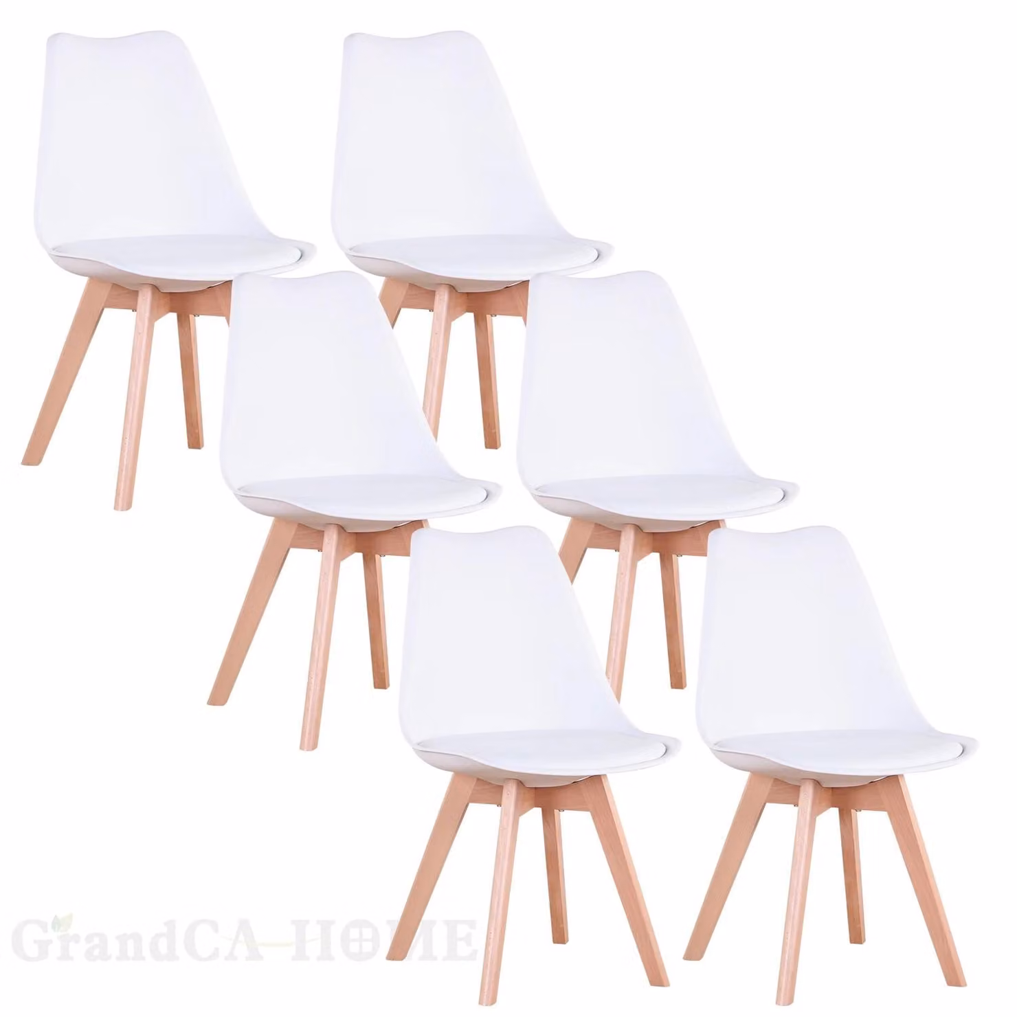 Set di 6 sedie da pranzo - Sedia da cucina in stile scandinavo - Design moderno e minimalista - Seduta in plastica - Gambe in legno di faggio - Adatta per cucina, sala da pranzo, ristorante - Colore: bianco