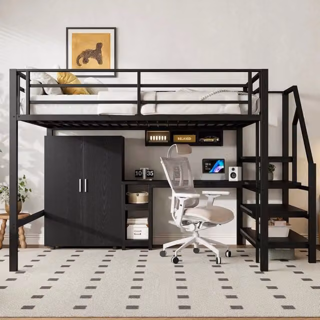 Letto a soppalco 140x200 cm con scrivania; armadio e scala contenitore; in metallo e MDF nero per cameretta