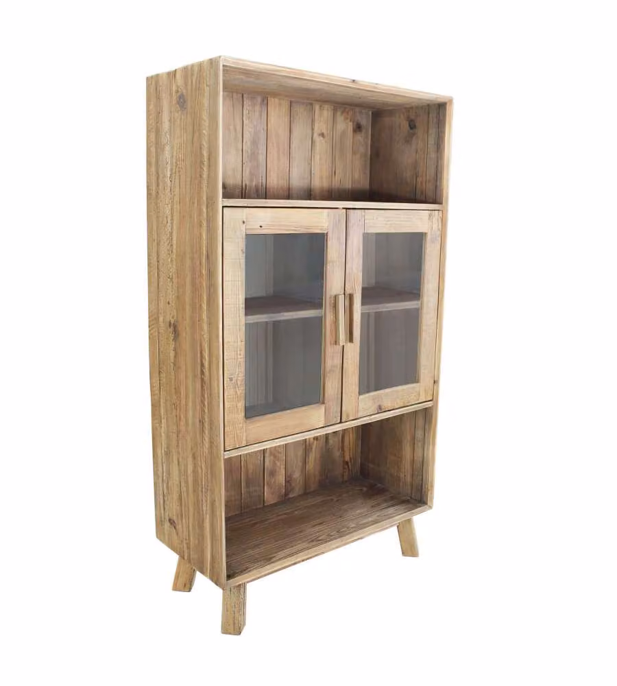 Mobile Vetrina Elvin Cosma in Pino Riciclato Marrone con Ante in Vetro Stile Vintage L/P/H: 90 x 40 x 160 cm