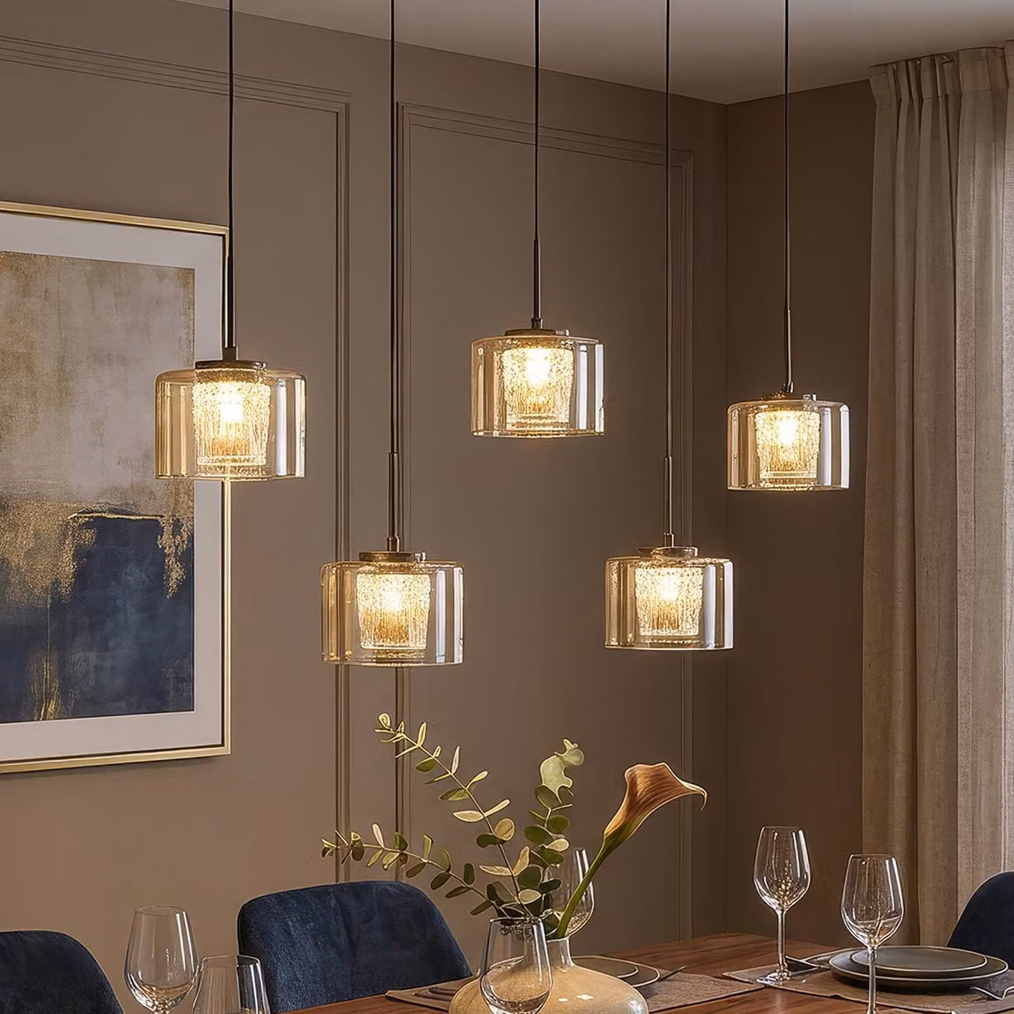 Searchlight Lampada a sospensione Tumblers, dimmerabile, Crema / Ambra, Soggiorno / Sala da pranzo, Alluminio, Lampada a sospensione