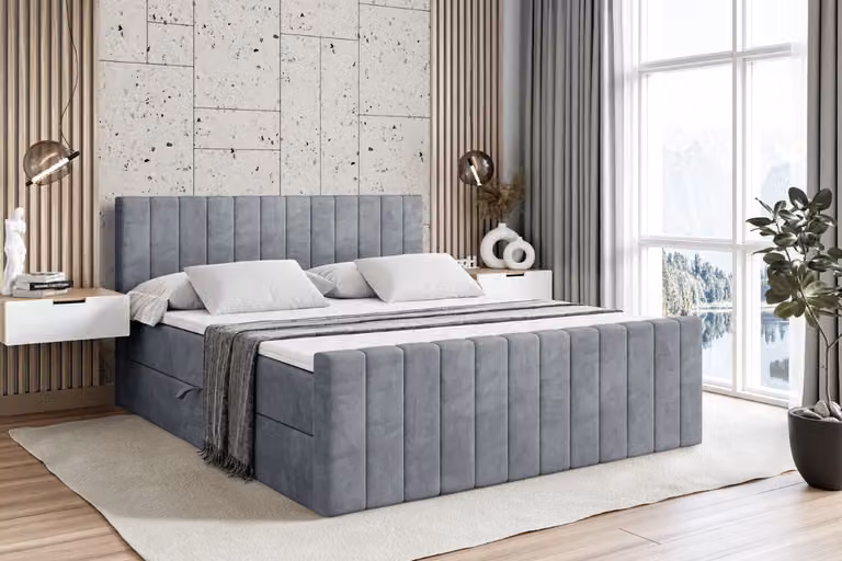 Letto boxspring ALTDECOR con pediera, materasso H3 e topper - 180x200 cm - EDITA-Z - Grigio velluto - Letto imbottito con contenitore e rete a doghe, letto con spazio contenitivo