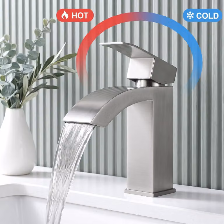 Rubinetto con bocchetta a cascata, lavabo in acciaio inossidabile 304 spazzolato, con due maniglie