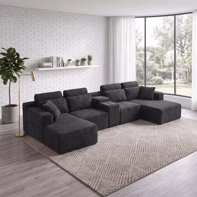 Divano modulare a U 372.0x151.0x80.0 cm con portabicchieri in schiuma grigio scuro