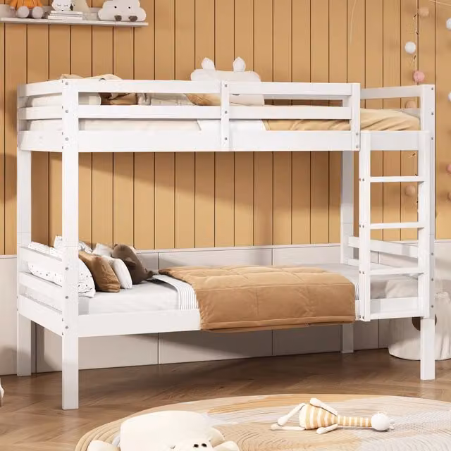 Letto a castello OKWISH per bambini in legno di pino bianco, divisibile in due letti singoli con scala e barriera, L/P/H: 200 x 90 x 158 cm