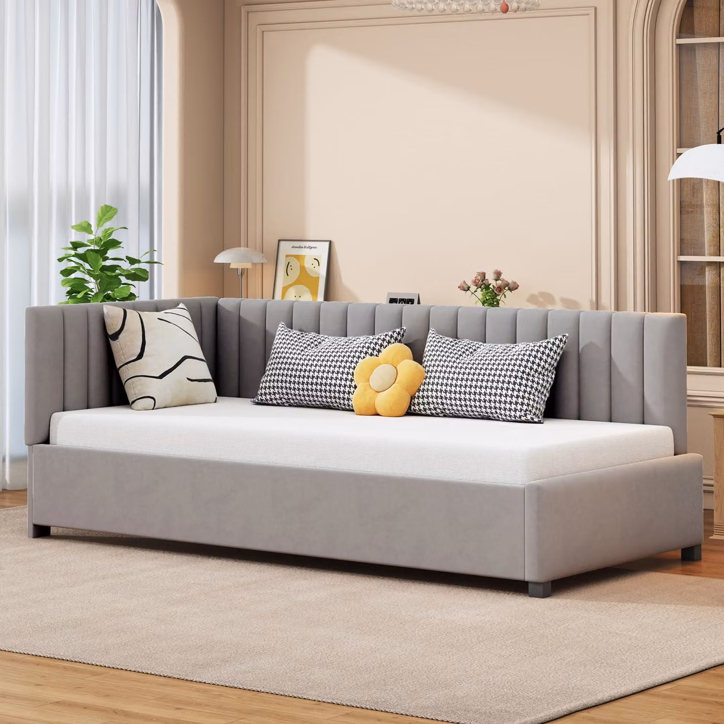 Merax daybed 90x200cm divano letto con rete a doghe, letto imbottito in velluto letto per bambini daybed divano letto con braccioli, grigio