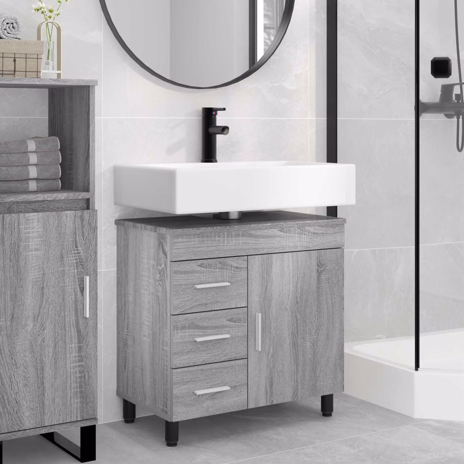 Mobiletto da bagno moderno vidaXL in stile Sonoma grigio con ante e cassetti L/P/H: 60 x 35 x 60 cm