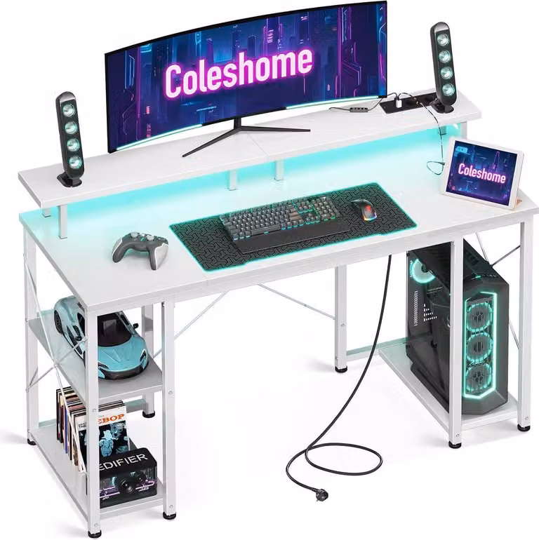 Tavolo da gioco Illuminazione a LED Prese di corrente Porte USB Supporto per monitor Spazio di archiviazione 120x50cm