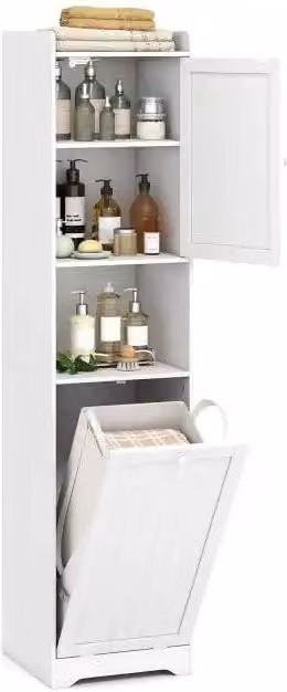 Mobile Bagno Alto Salvaspazio con Portabiancheria 48L e Ripiano Regolabile, Colonna Bagno Bianco 40 x 40 x 170 cm