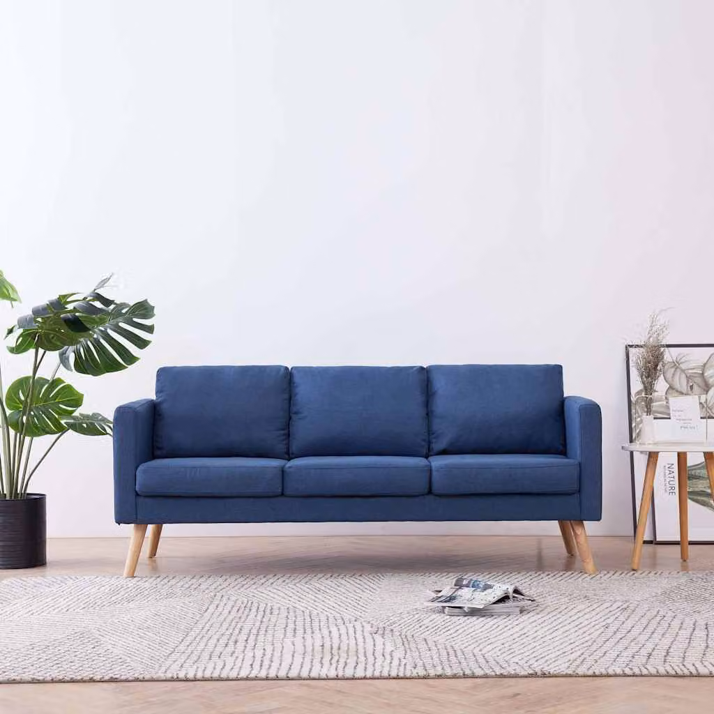 vidaXL Divano a 3 Posti Moderno in Tessuto Blu con Struttura in Legno e Cuscini Inclusi