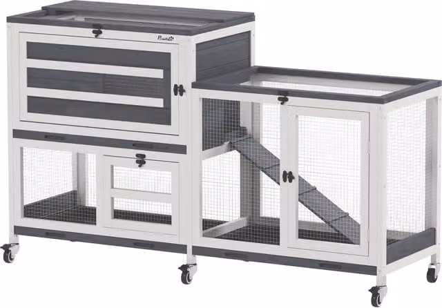 Conigliera in legno a 2 piani per 2-3 conigli con ruote e 3 vassoi estraibili, gabbia per interni grigia 147 x 45 x 89,5 cm