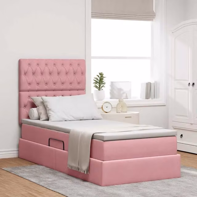 vidaXL Letto con contenitore, materasso ibrido e illuminazione LED in velluto rosa, L/P/H: 100 x 200 x 128 cm