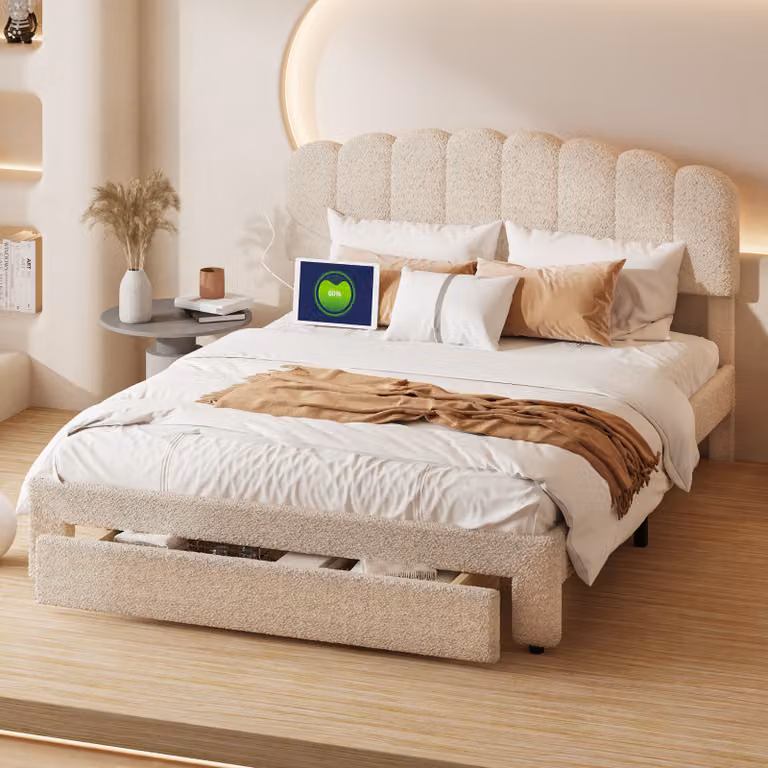 CDGlobal letto imbottito 140x200cm con USB e prese, letto per ragazzi letto matrimoniale con cassetti, letto contenitore letto in legno massiccio con tipo C e rete a doghe, beige