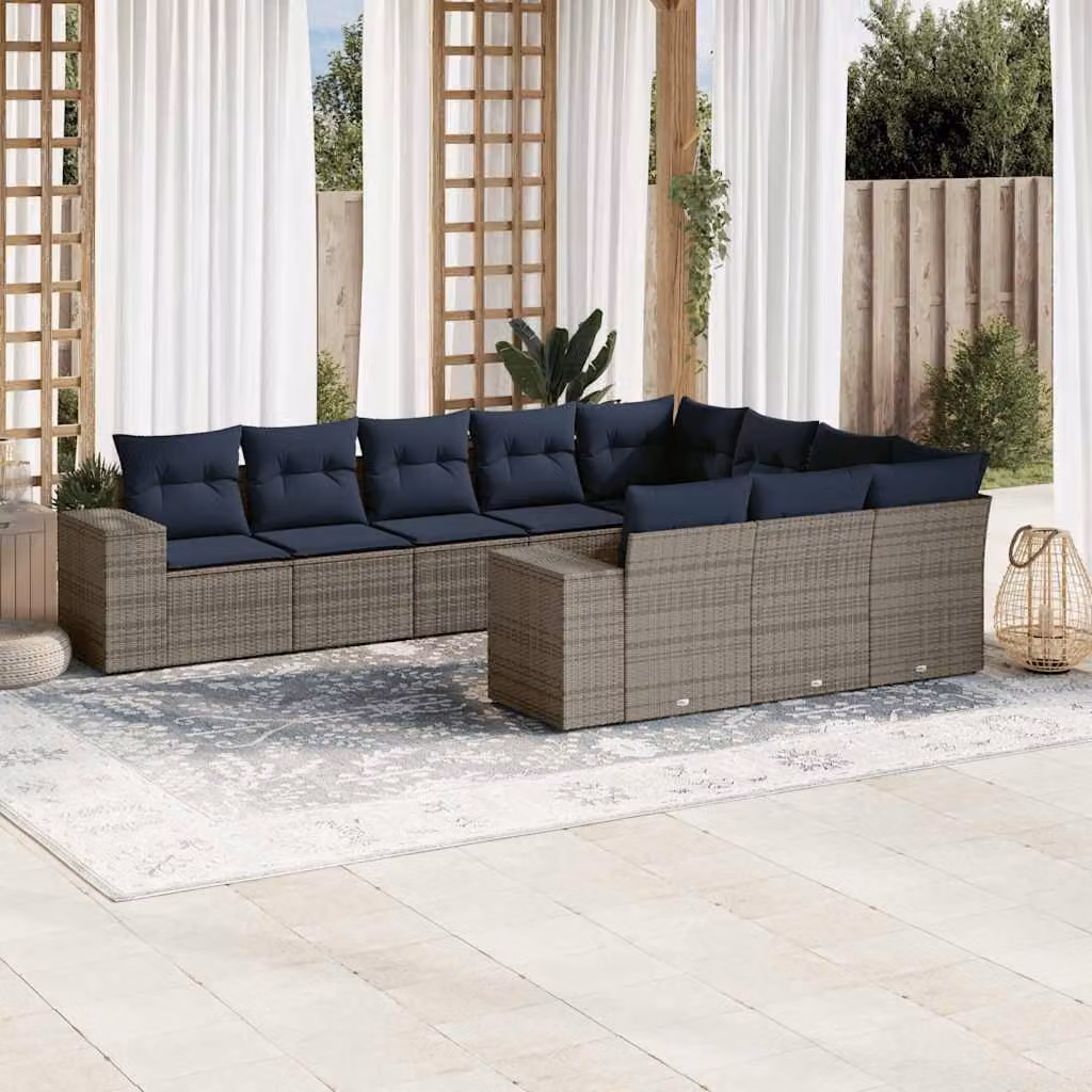 Set di divani da giardino vidaXL in polyrattan grigio con cuscini e struttura in metallo