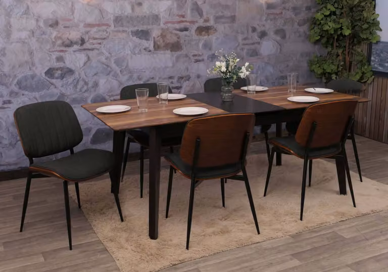 Set di 6 sedie da pranzo HWC-O44, sedia per cucina, struttura in legno massello, rivestimento in tessuto (370g/m²), finitura effetto noce scuro, colore grigio scuro
