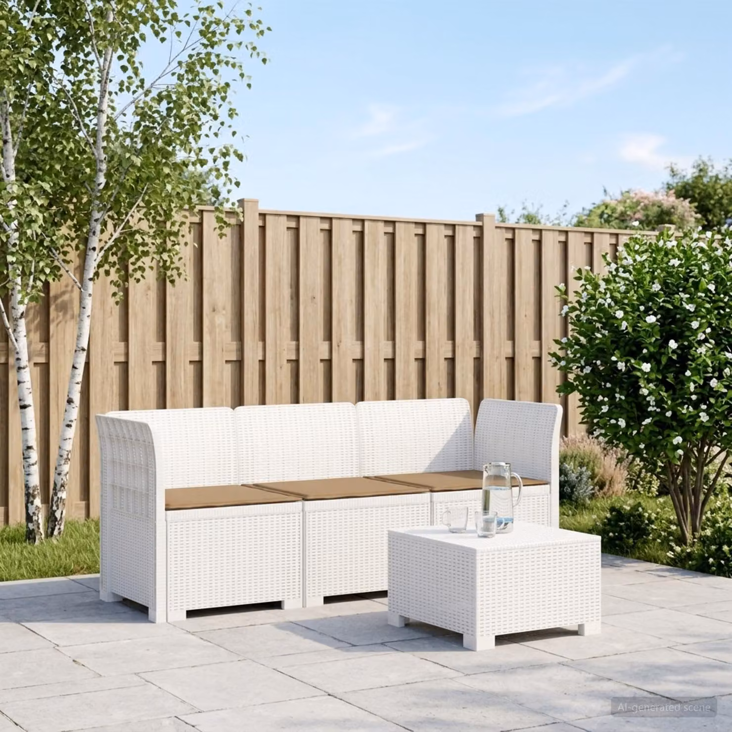 vidaXL Divano da giardino a L con cuscini, design moderno in look rattan, Bianco e Beige